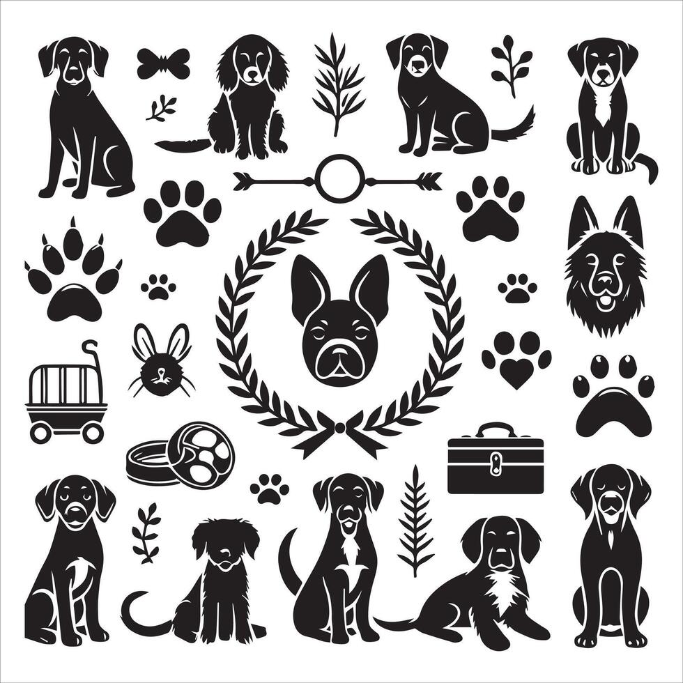 Print A collage of a dog a plant in an illustrated frame risograph silhouette white background vector