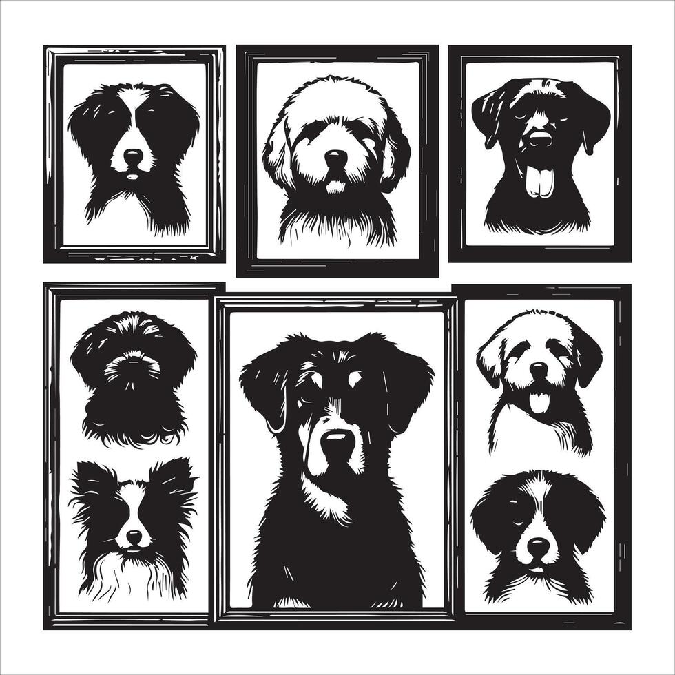 Print A collage of a dog a plant in an illustrated frame risograph silhouette white background vector
