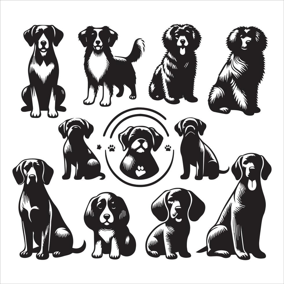 Print A collage of a dog a plant in an illustrated frame risograph silhouette white background vector