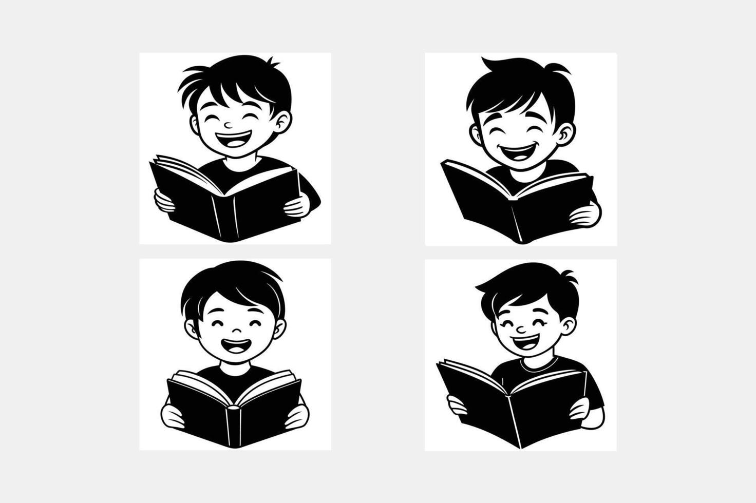 Children Characters Reading Book as Literature Fans illustration Set vector