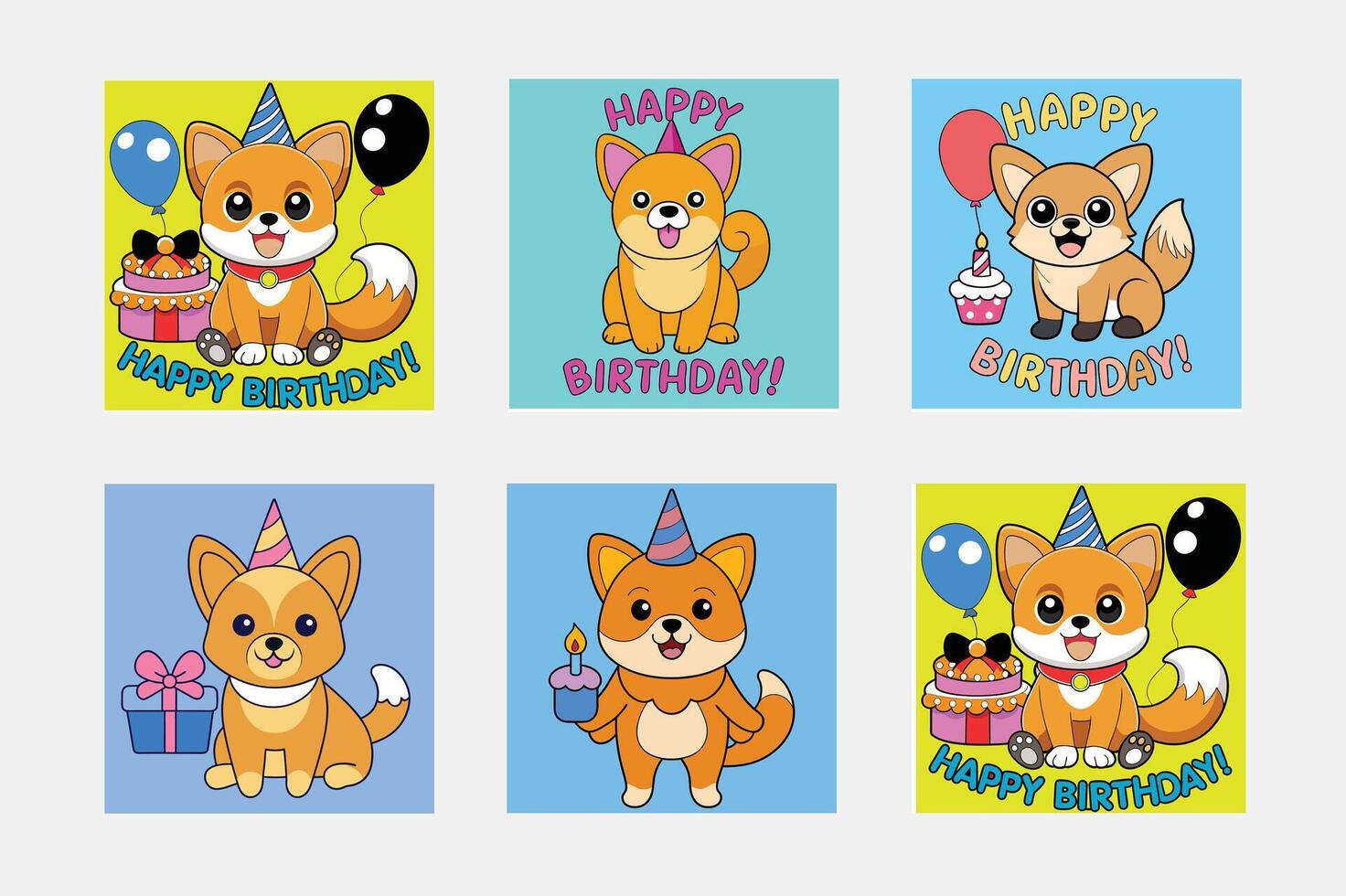 Cartoon corgi dog in a party hat with happy birthday to you text suitable for greeting cards, invitations, social media posts. vector