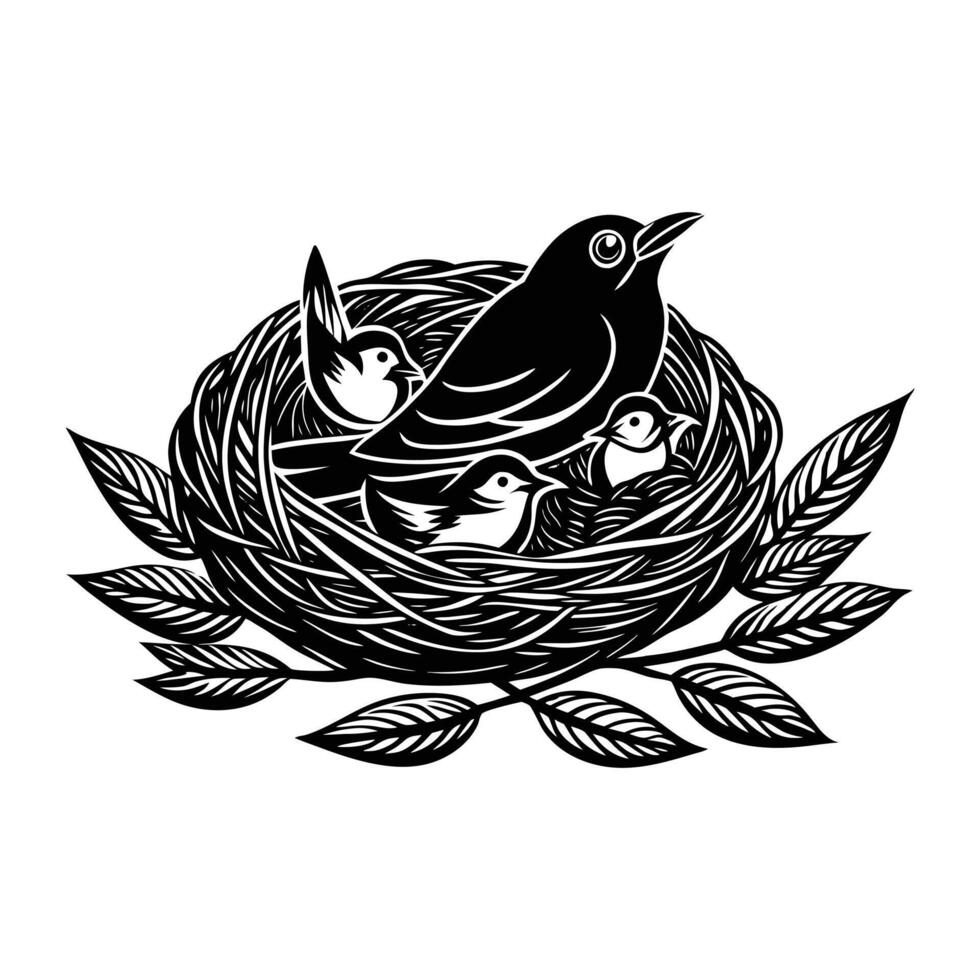 a nest with mother and little chicks silhouette illustration vector