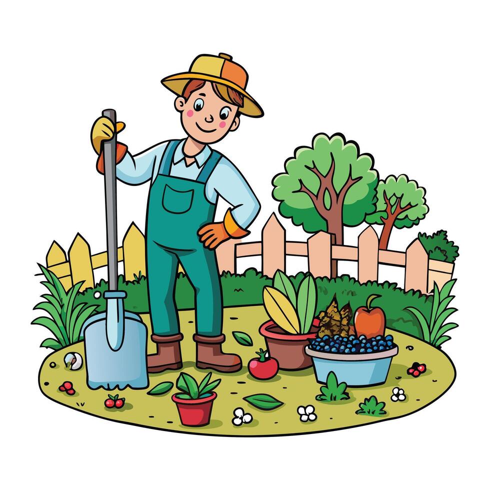 labour hard working in garden, colouring vector