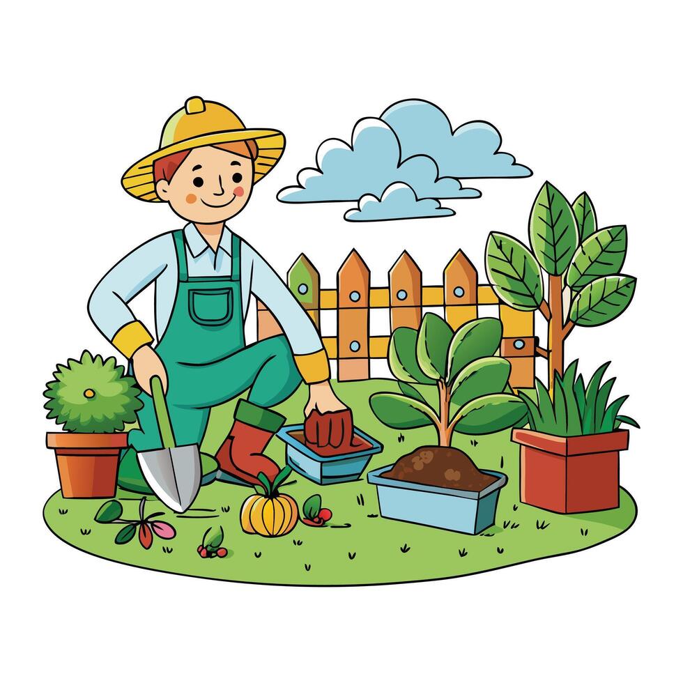 labour hard working in garden, colouring vector