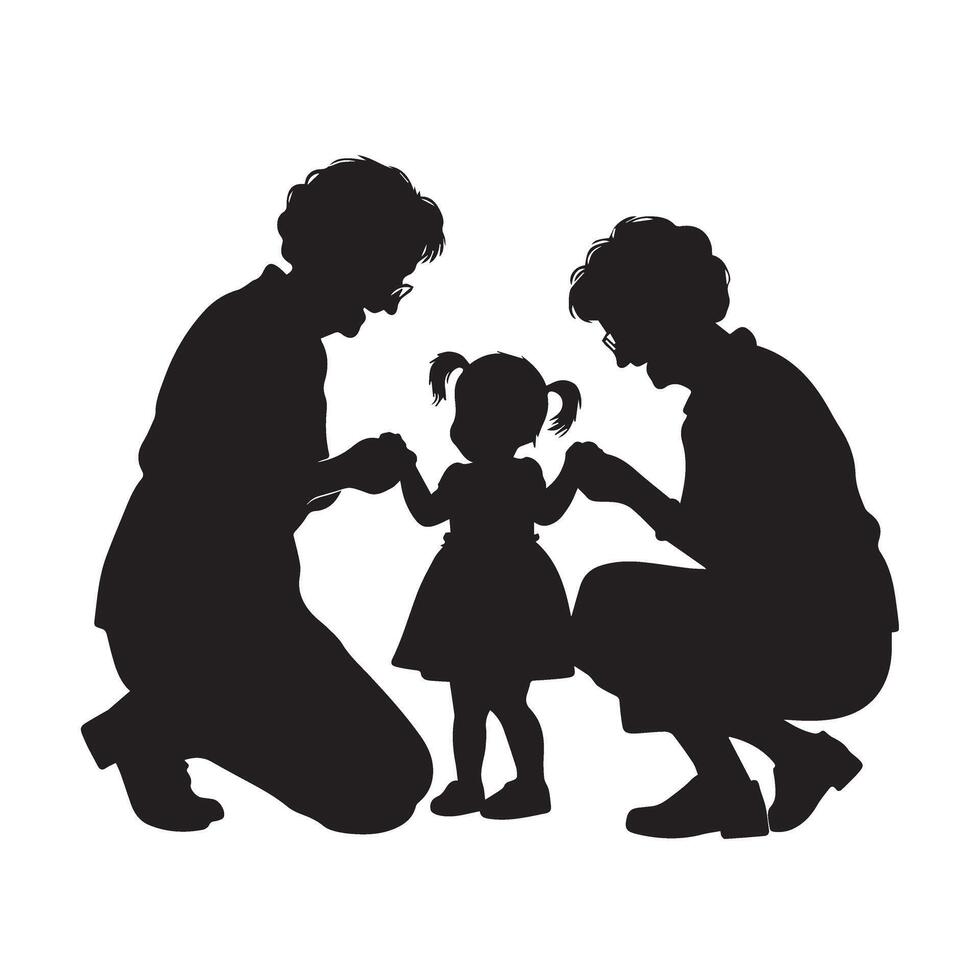 Child and grandparent silhouette. grandparent with grandchild illustration black and white. vector
