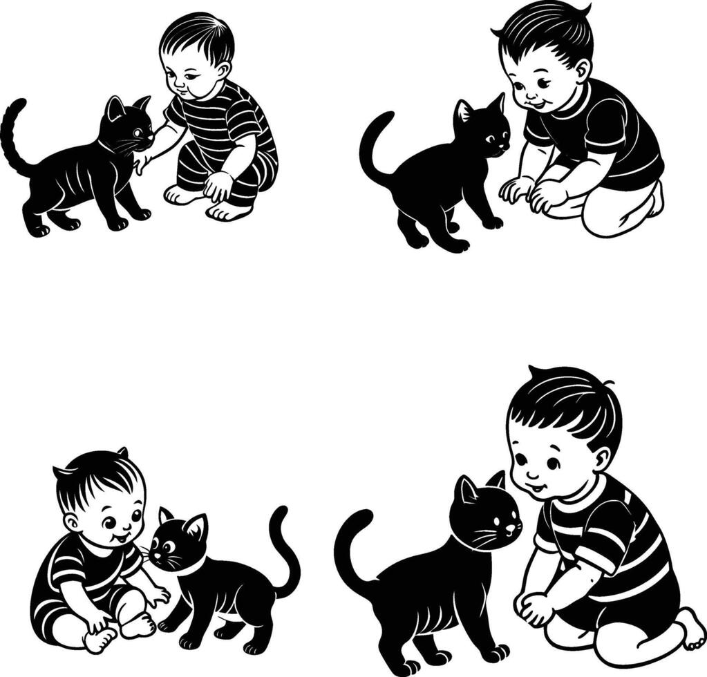 A Boy is playing with a cute Cat silhouette vector