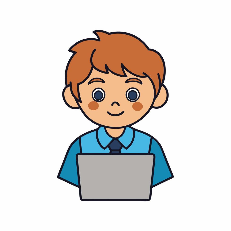 A School Boy Is Studying on Computer vector