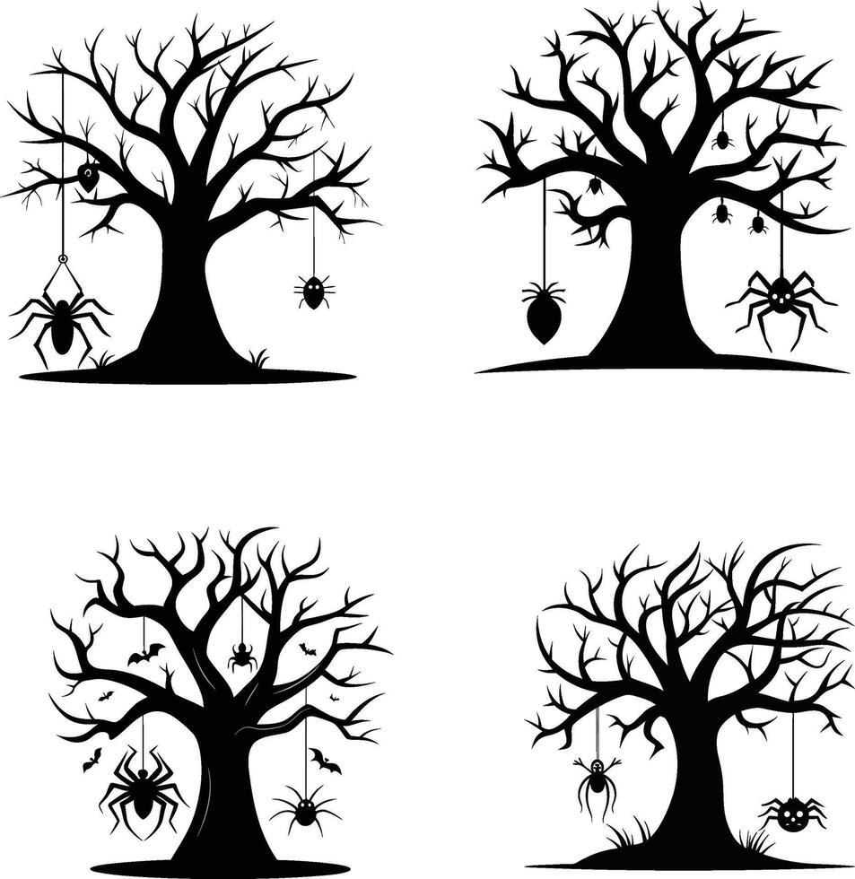 Helloween Tree With Spider Silhouette vector