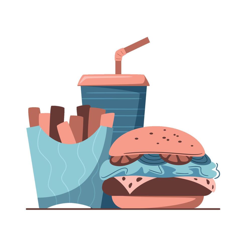 Set of fast food with french fries, Beef burger with tomato and lettuce, glass of soda. Fast food delivery concept, menu. Stop eating junk food, Unhealthy eating concept. Isolated illustration vector