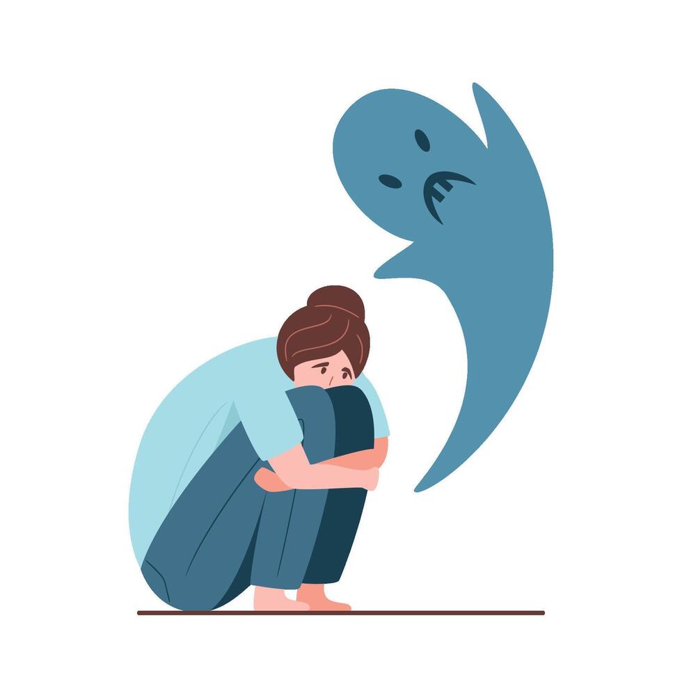 Fear concept. Frightened young woman sitting on the floor and covers her face with her hands from scary ghost. Metaphor of fears, problems with mental health, scare, dread, stress. illustration vector