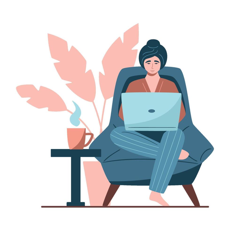 Sedentary Lifestyle Concept. Young woman sitting in an armchair with laptop, cup of tea on the table and home plant behind. Remote working, passive, inactive lifestyle concept. Isolated on white vector