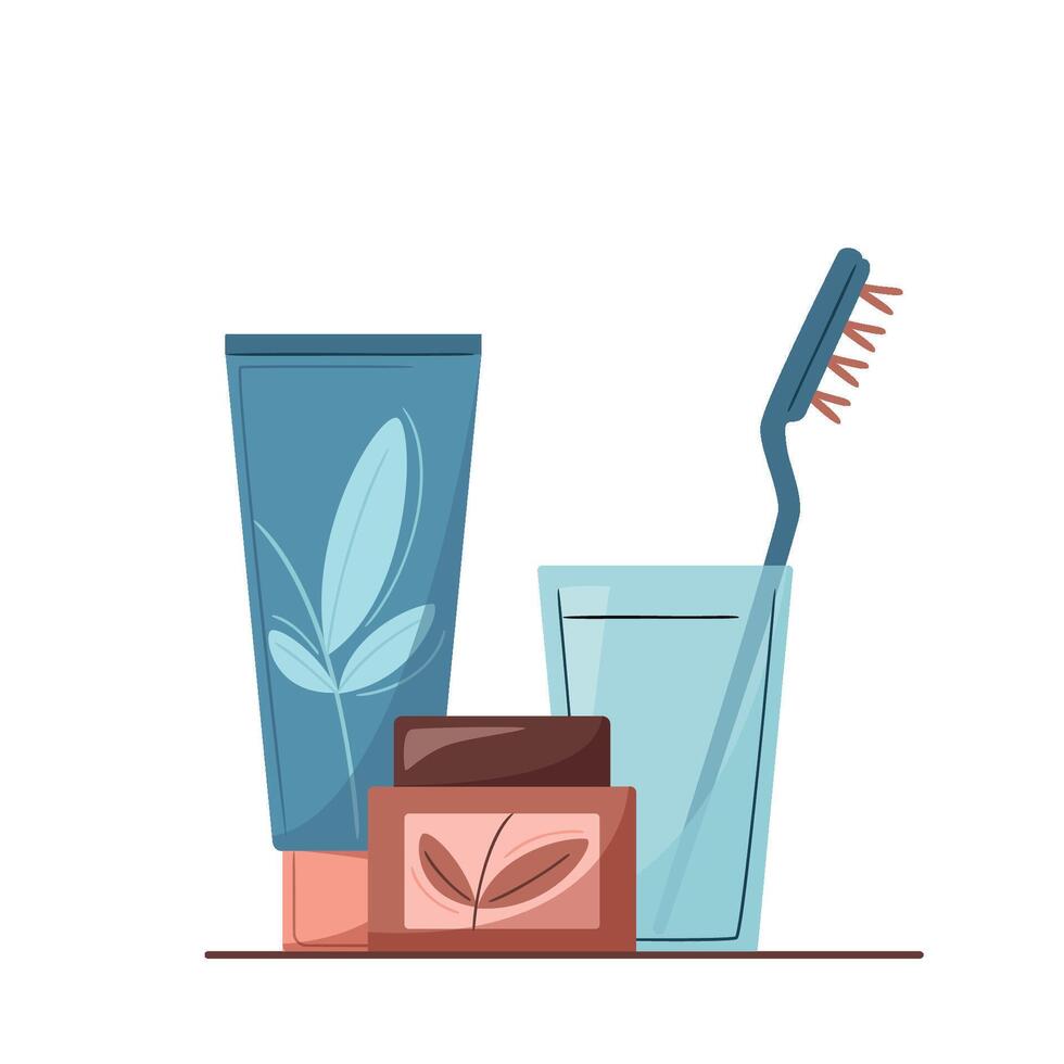 Toiletries set with a cream, tooth paste and a toothbrush. Morning beauty routine concept. Bathroom elements, Hygiene items. Isolated illustration vector