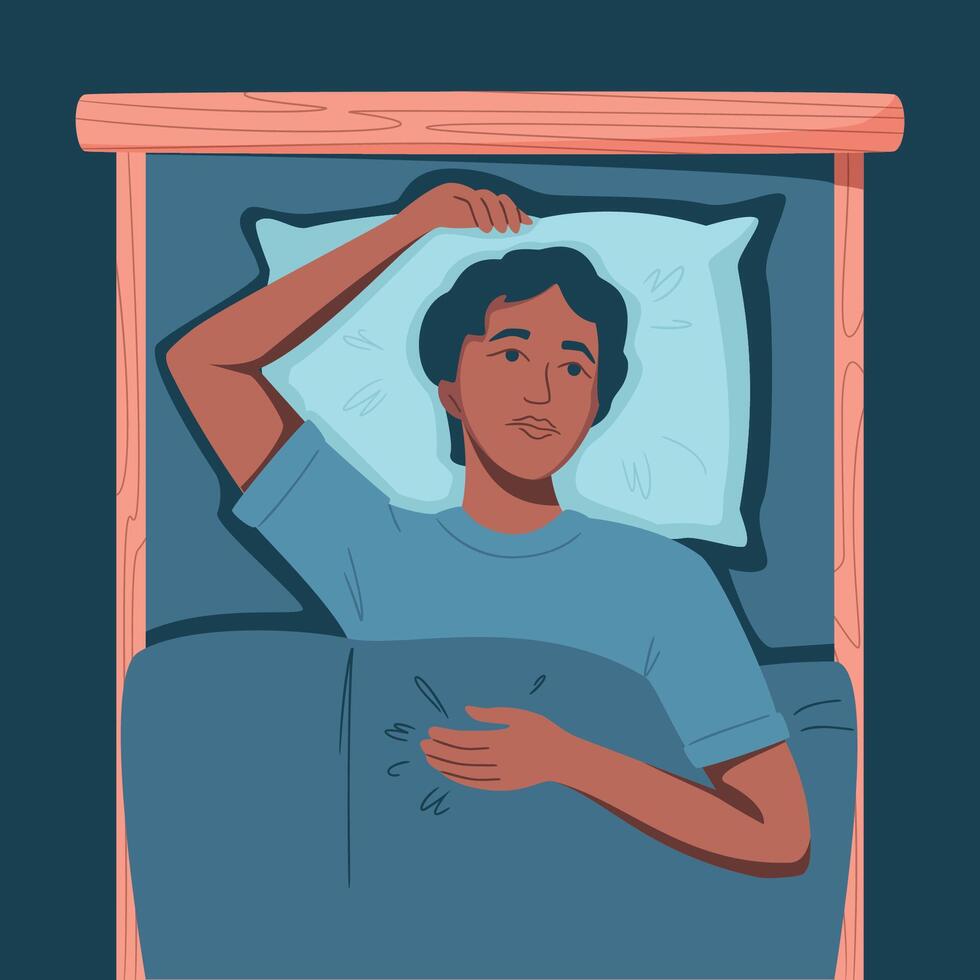 Sleep disorder, insomnia, sleeplessness. Young tired african american woman lying in bed with open eyes in darkness night room. Frustrated person with problem. Character flat illustration vector
