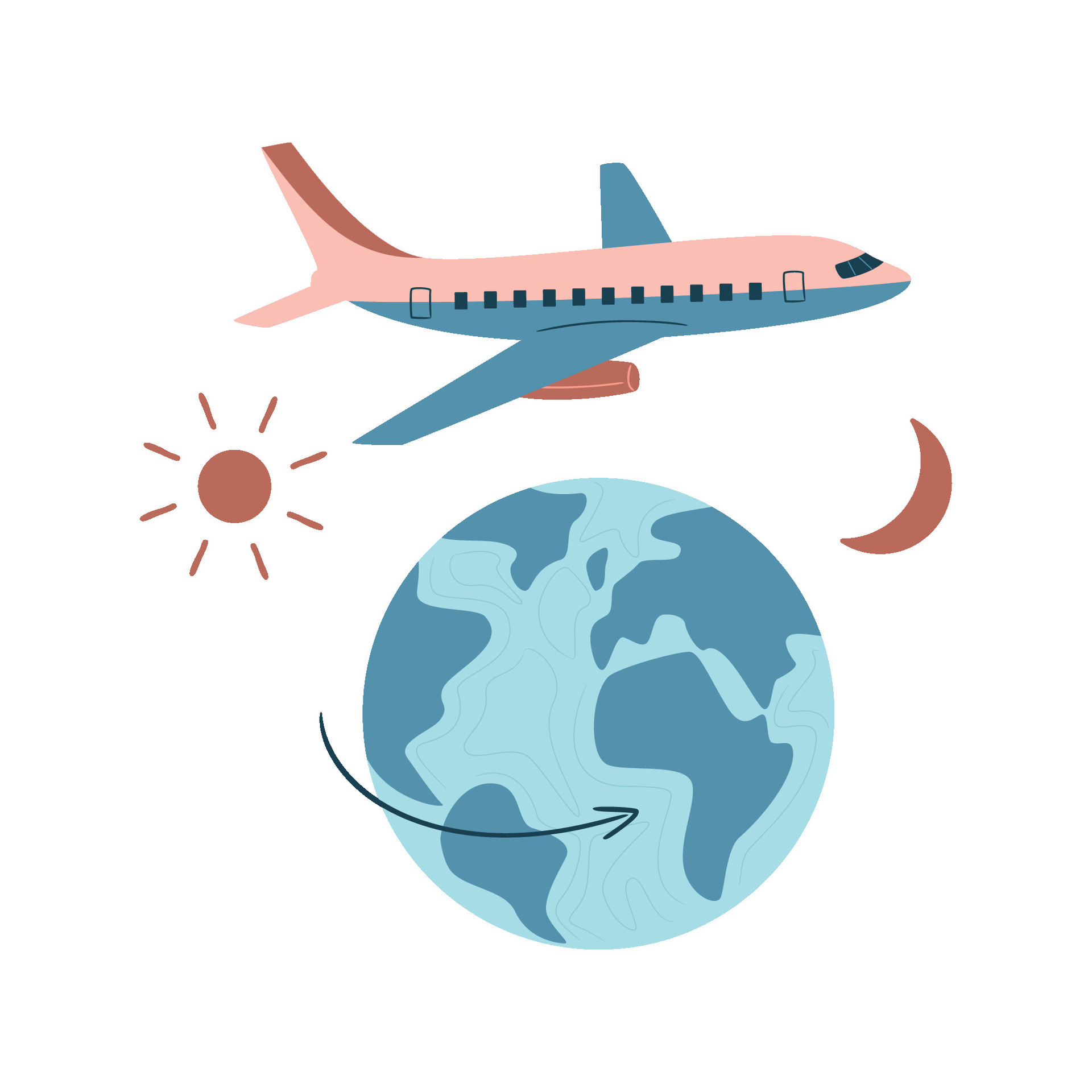 Jet lag concept, abstract metaphor. Globe and plane flying over it