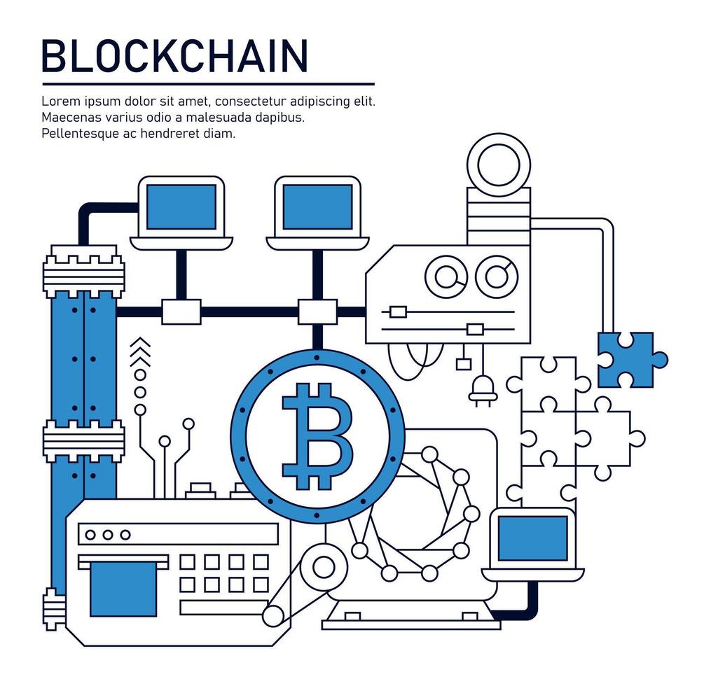 Blockchain network linear style infographics. Cryptocurrency concept banner. Illustration isolated on white background. vector