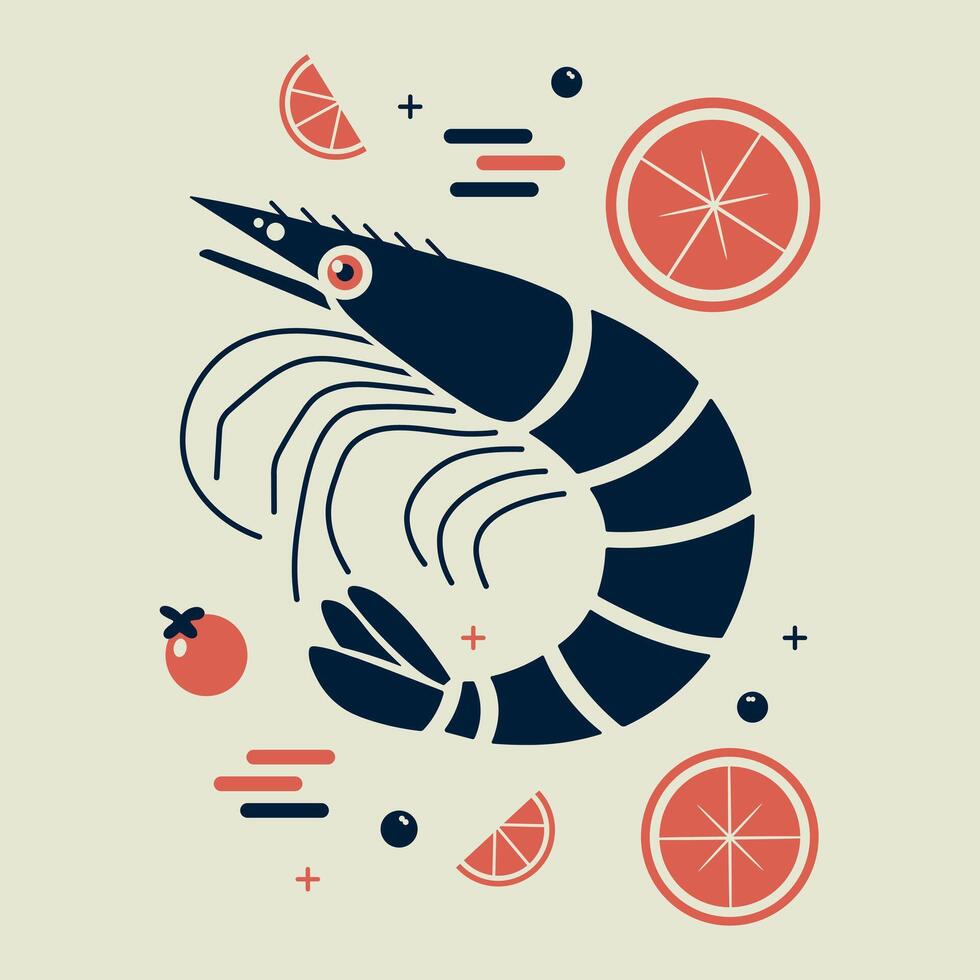 Shrimp with oranges. Seafood, Crangonidae. Flat design. vector