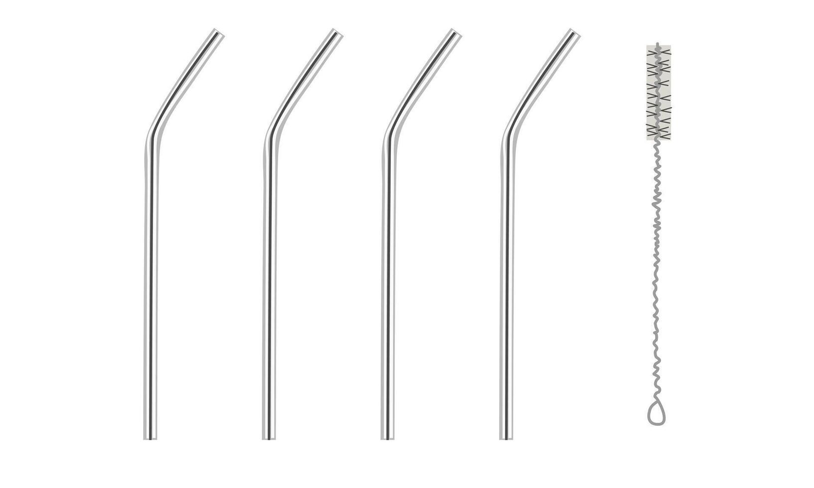 Straws for drink. Realistic beverage pipes. Silver cocktail sticks. Steel straight and curved tools. Cleaning ramrod brush. Zero waste. ecological flat illustration isolate on white . vector