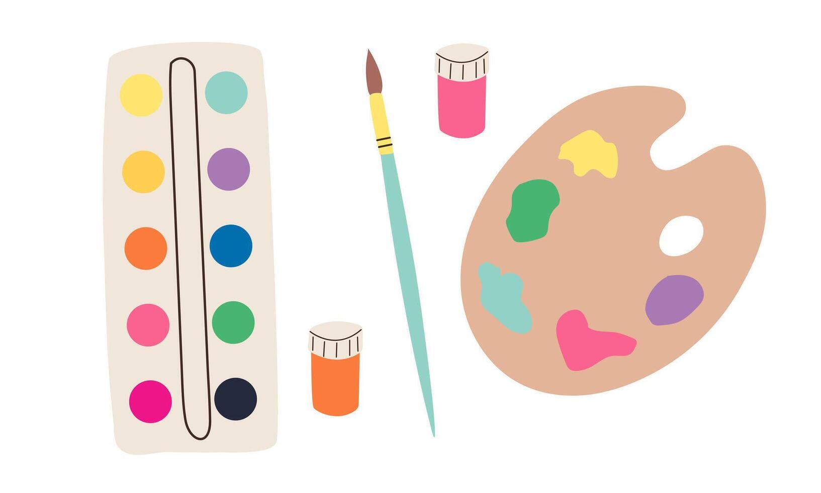 Drawing supplies set. Artists tools, brush, paint, scissors, palette paintbrush and canvas isolated on white. Artistic school, painter studio, art studying elements. illustration vector