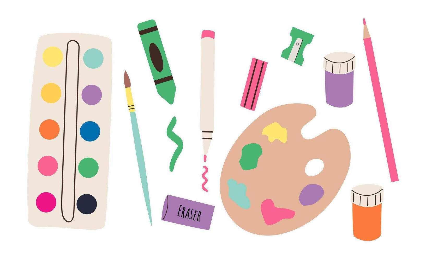 Drawing supplies set. Artists tools, brush, paint, scissors, palette paintbrush and canvas isolated on white. Artistic school, painter studio, art studying elements. illustration vector