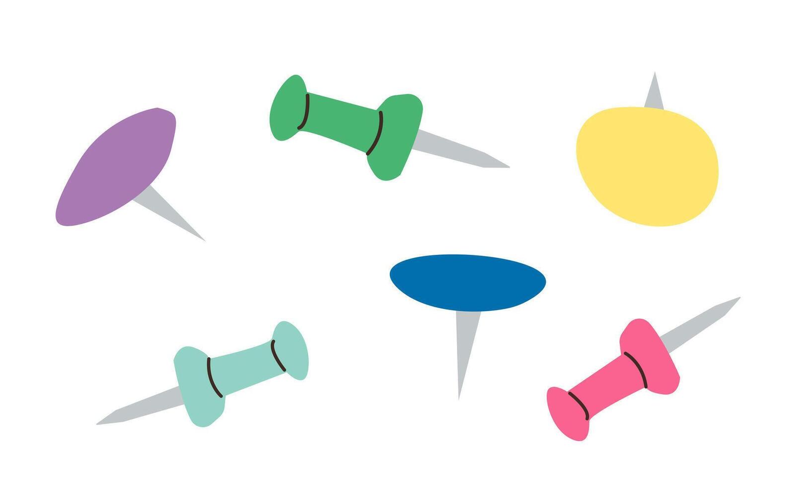 Icons of pin buttons, needles. Flat symbols of push pins set illustration isolated for note and attach in office. . Pushpins, thumbtack for notice attaching. Stationery. vector