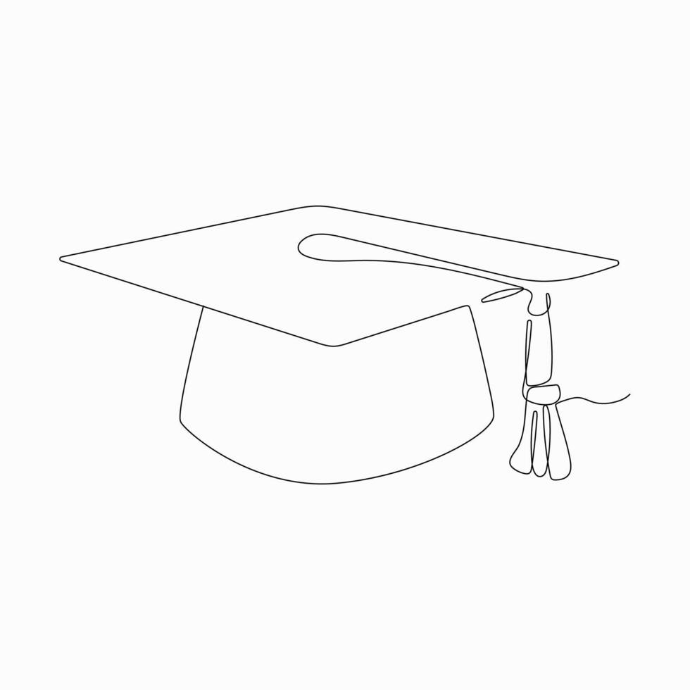 One continuous line drawing of graduation cap, hand drawn line art illustration of graduation hat. vector