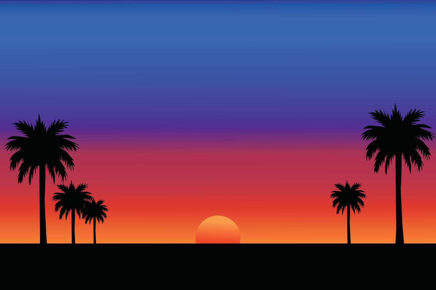 Sunset illustration with coconut trees. vector