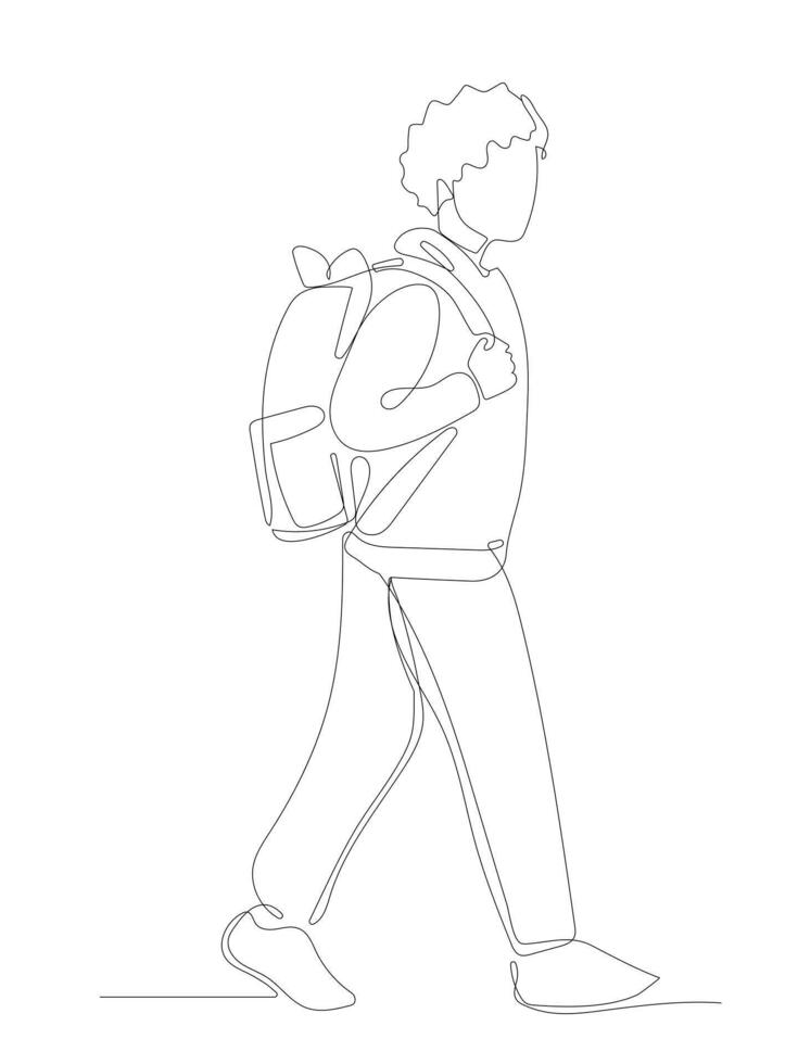 Continuous one line art of a student going to school. vector