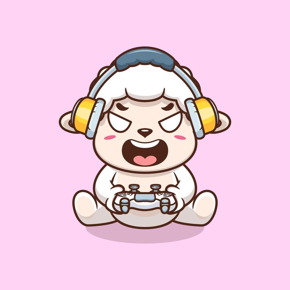 Cute sheep gaming cartoon icon illustration. Animal technology icon concept isolated vector