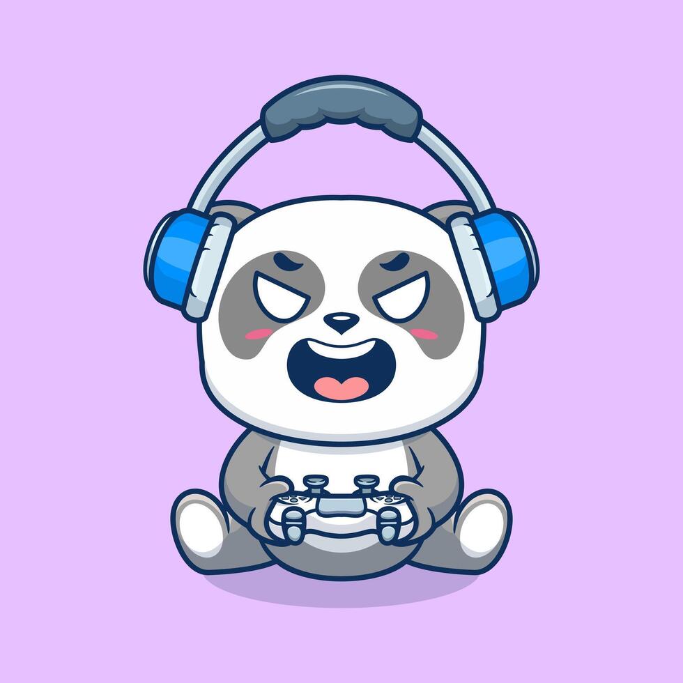 Cute panda gaming cartoon icon illustration. Animal technology icon concept isolated vector