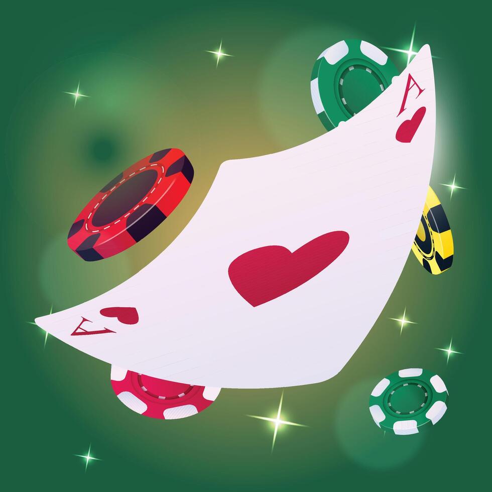Falling or flying aces poker cards, playing chips and dice. Playing card. Casino advertising banner. vector