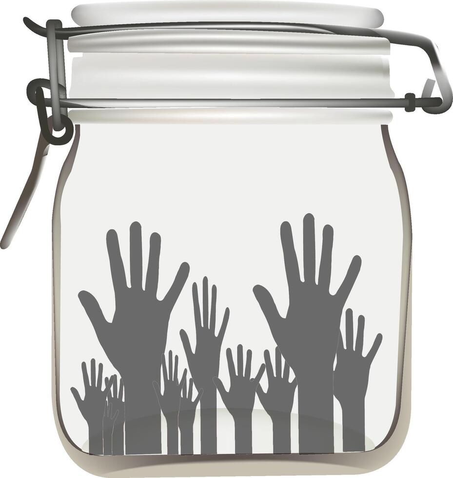 Many hands reaching up inside glass jar concept of business problem solution vector