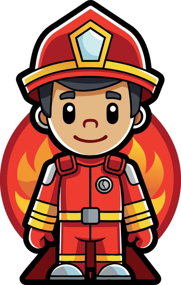 Smiling fireman wearing uniform and helmet with flame logo vector