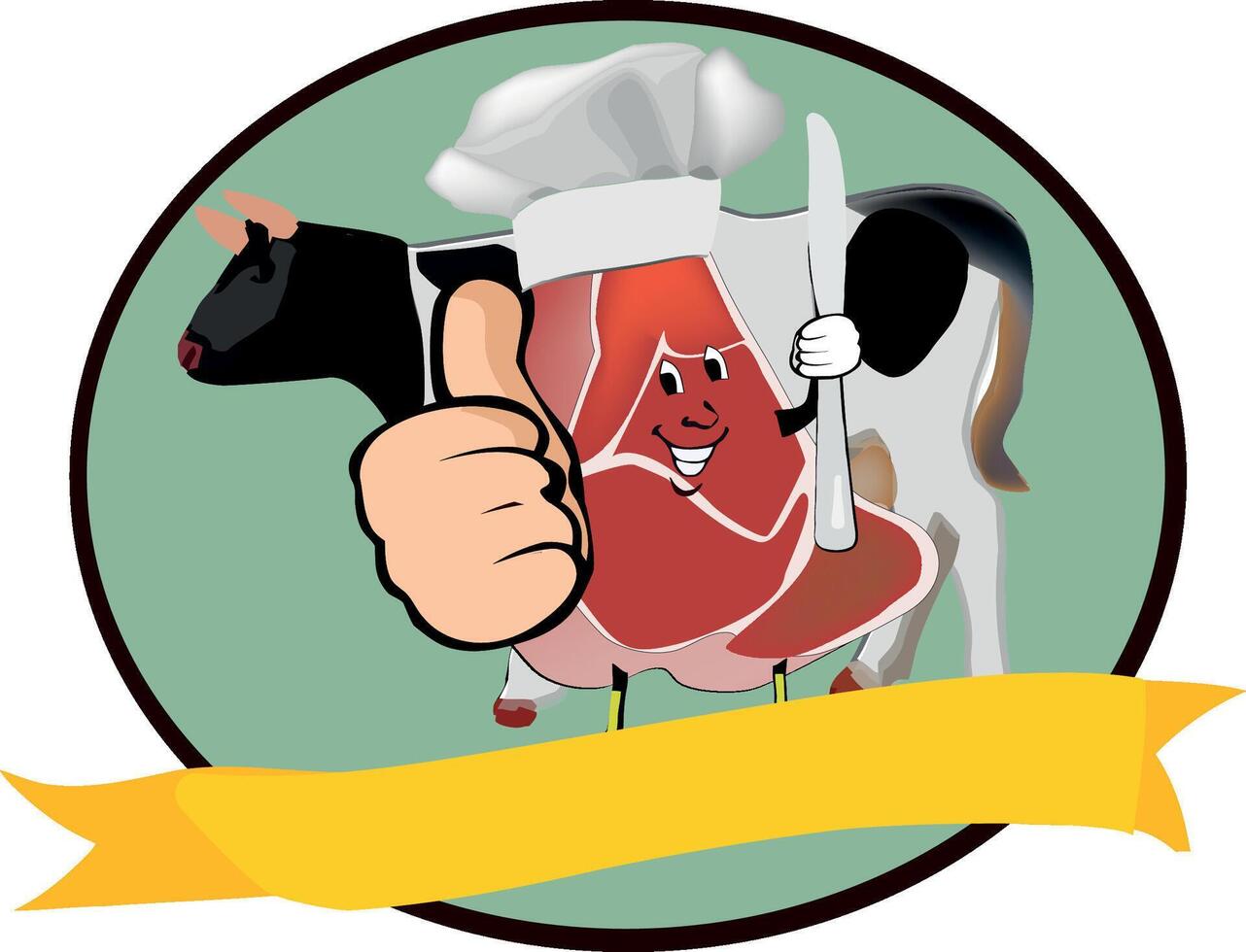 Cartoon meat cut giving thumbs up with cow in background vector