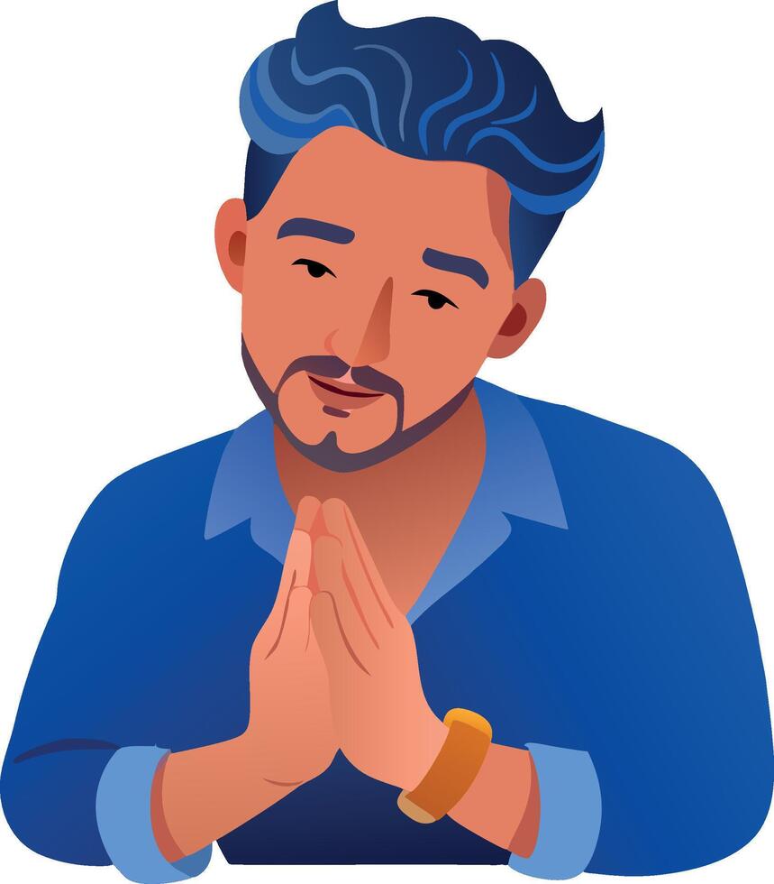 Young man keeping hands together in praying gesture vector