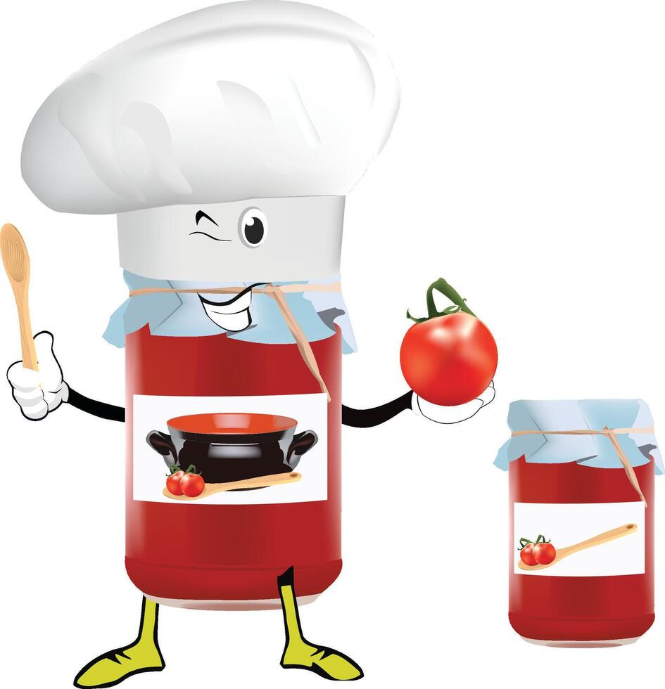 Smiling tomato sauce jar chef holding fresh tomato and wooden spoon vector
