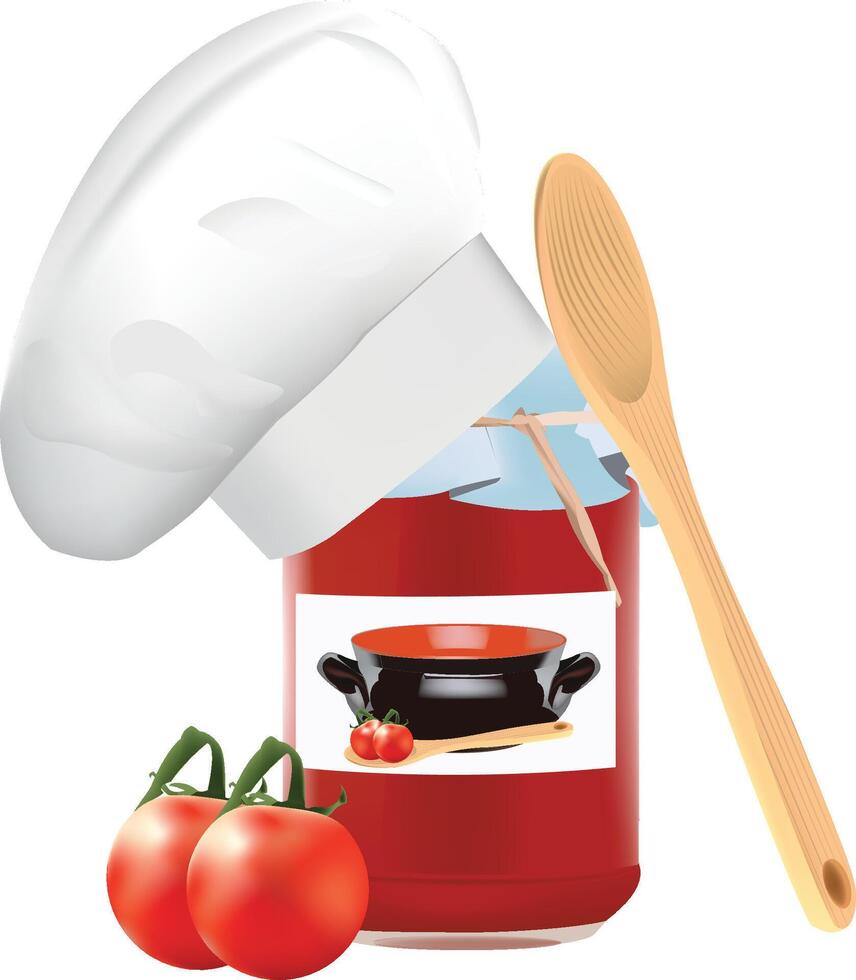 Jar of homemade tomato sauce with chef hat and wooden spoon vector