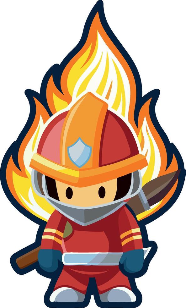 Brave fireman holding axe standing in front of fire illustration vector