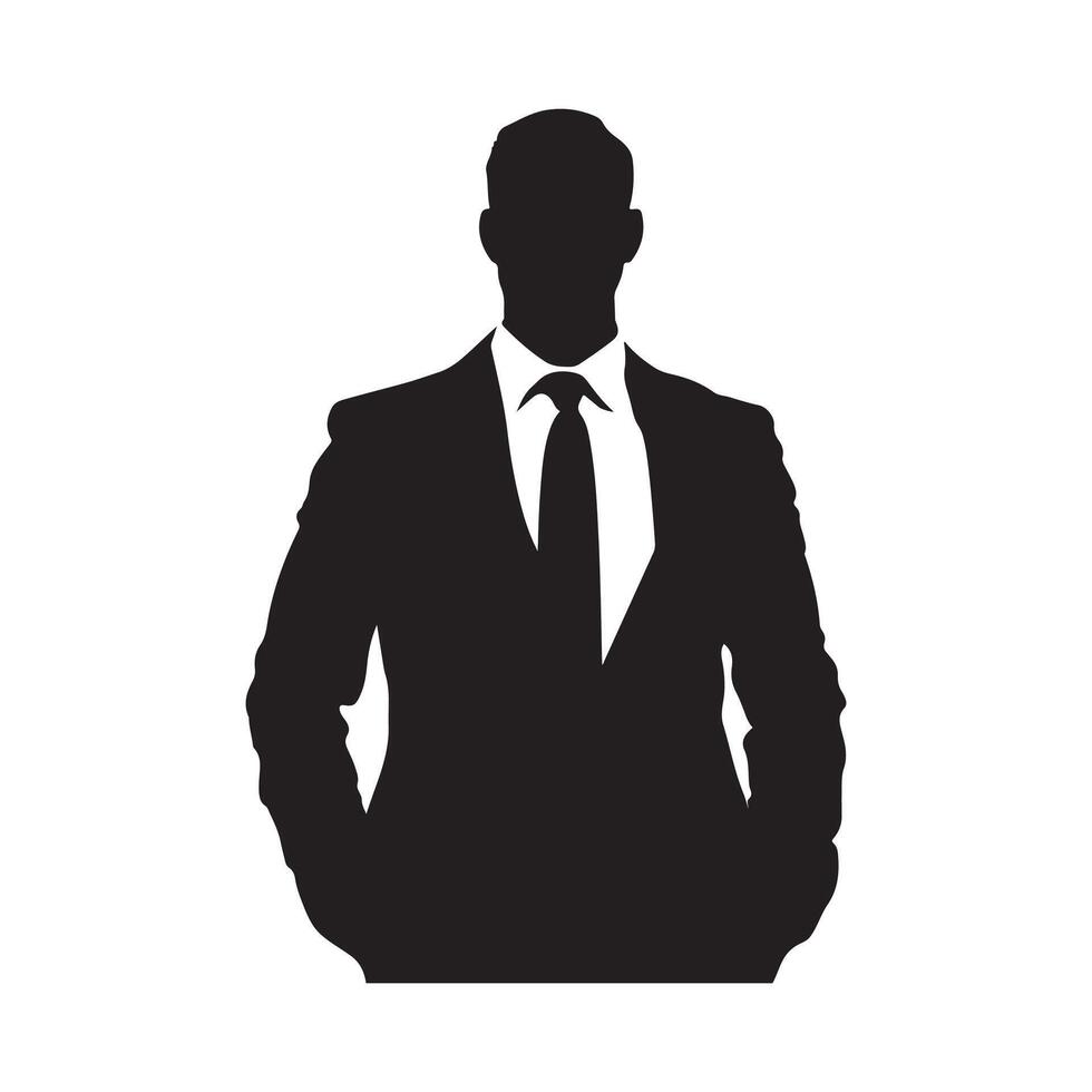 a black silhouette of a man in a suit and tie, standing with his hands in his pockets. vector