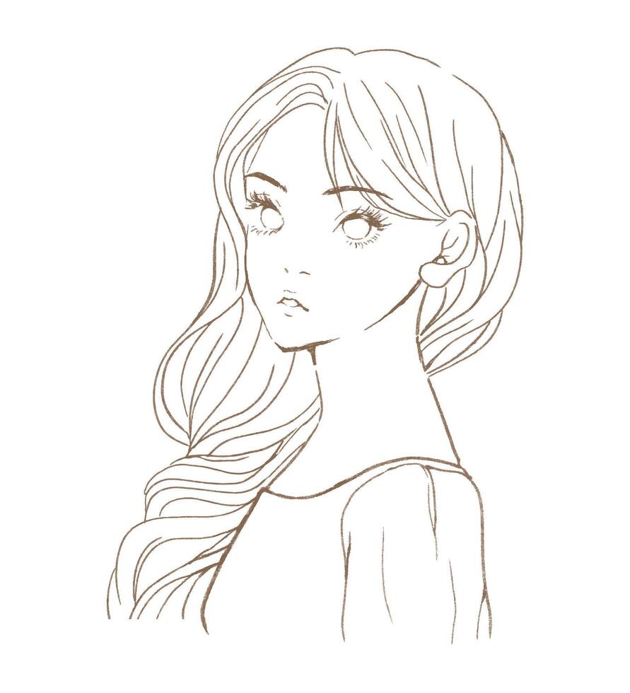 Elegant line art of a young woman with long, flowing hair. She gazes to the side with large and expressive eyes. vector
