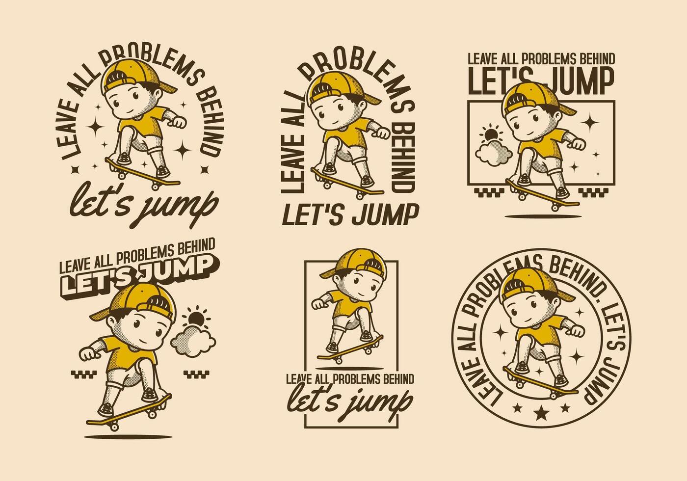 Leave all problems behind, Let's jump. Retro character illustration of a boy jumping on the skateboard vector