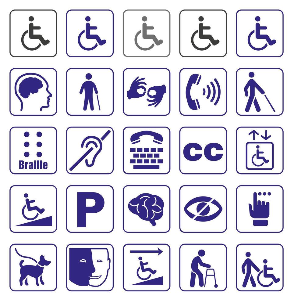 Set of disability icons or graphic elements with information about disability, accessibility icons for people with disabilities or people with disabilities icons. vector