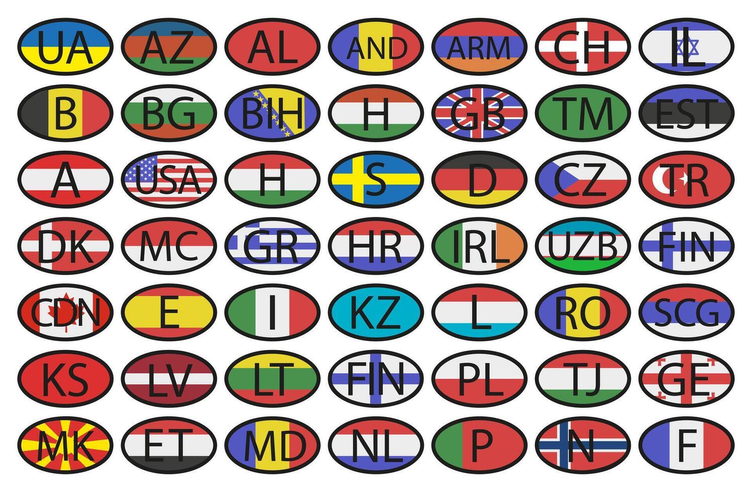 Oval sticker of the EU countries and not only with a black outline. With country code and country flag. vector
