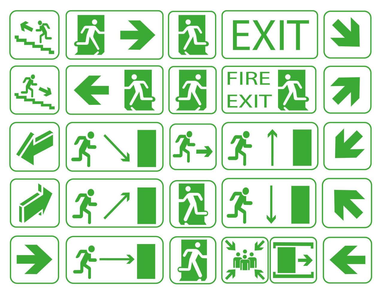 Set of emergency exit and fire exit signs, assembly point in case of fire, emergency exit direction. vector