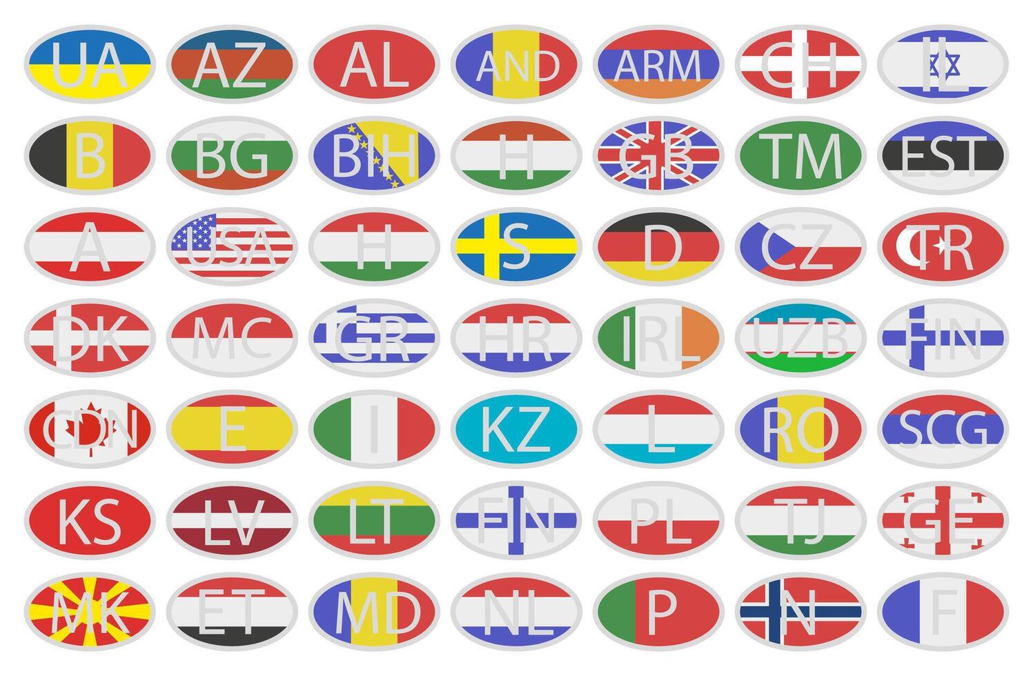 Oval sticker of EU countries and not only with a white border. With country code and country flag. vector