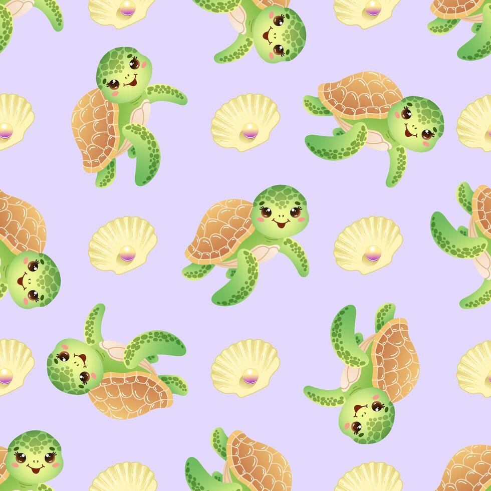 Seamless pattern with cute smiling green turtle floating with shells on a light purple background. illustration vector