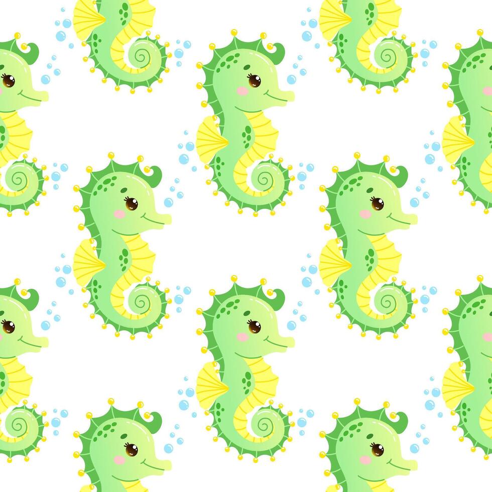 seamless pattern featuring adorable green and yellow seahorses with bubbles on a white background. vector