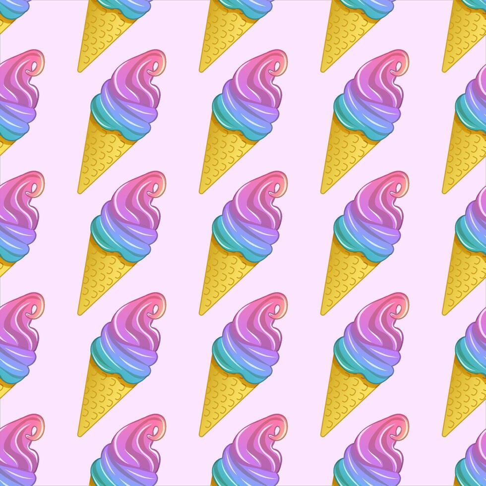 seamless pattern of colorful ice cream cones on a pastel pink background. vector