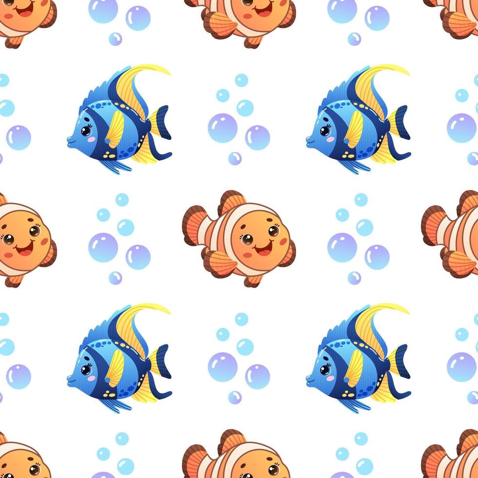 seamless pattern featuring adorable blue and orange fish with bubbles on a white background. vector