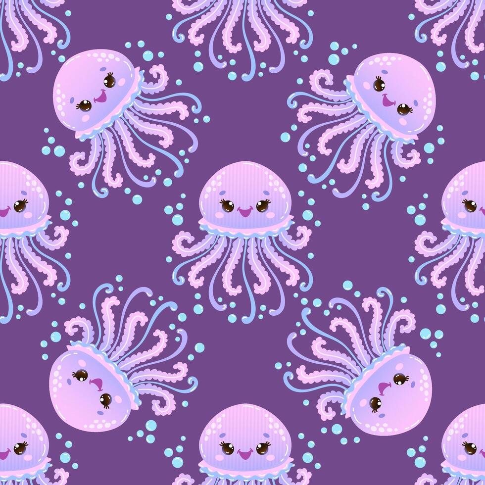 Seamless pattern with cute smiling jellyfish floating among bubbles on a dark purple background. illustration vector