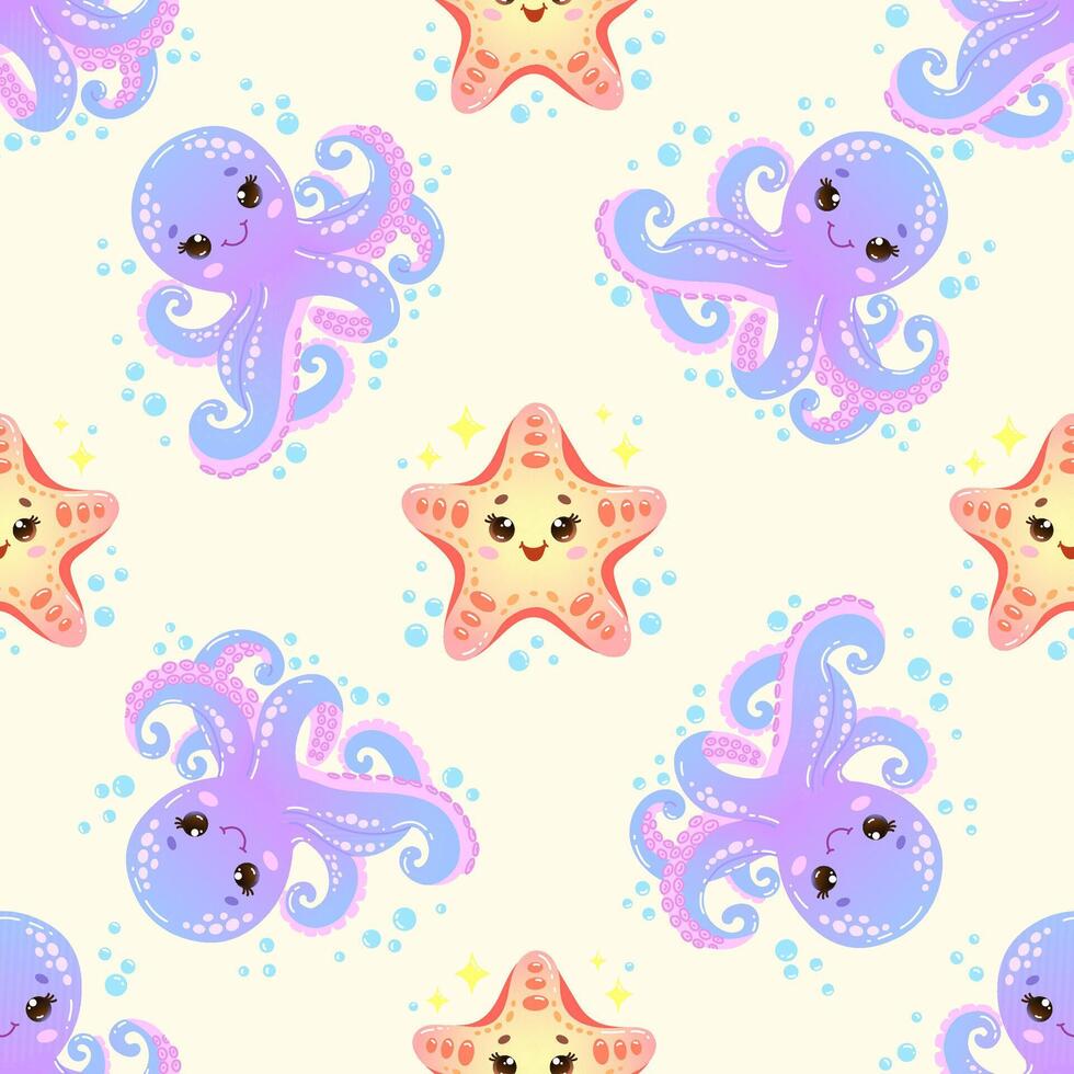 Children's seamless pattern with cute smiling octopus and starfish on a light background. illustration vector